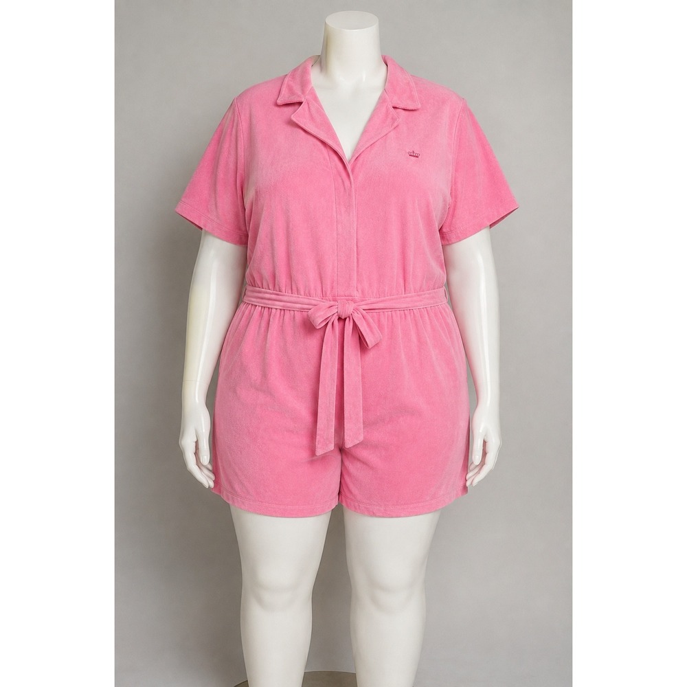 Juicy by Juicy Couture Pink Velour Romper Short Sleeve Belted Plus Size 2X